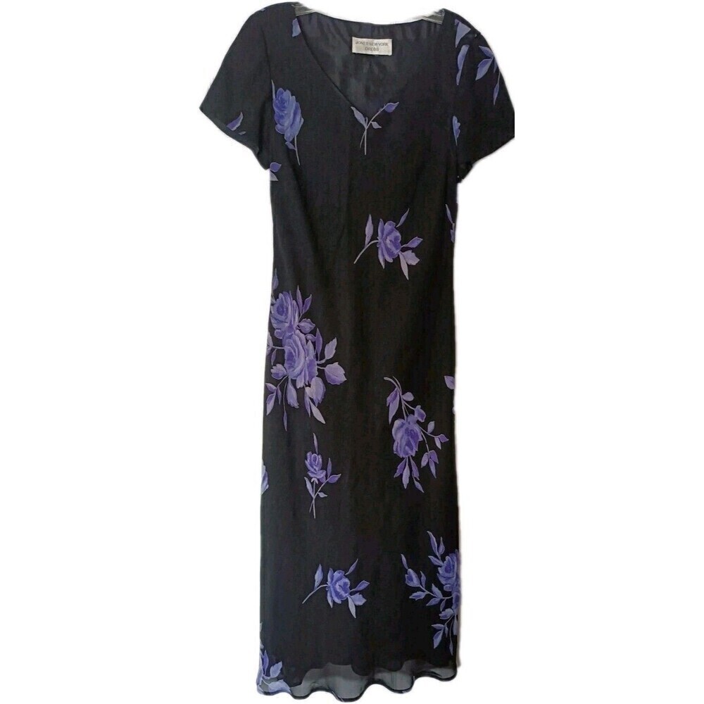 Jones New York Maxi Dress Size 6 Black Purple Floral Print Y2K Fairy Grunge